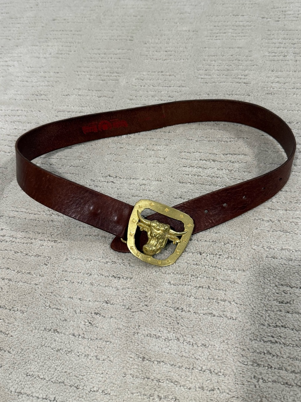 Vintage Lucky Leather Belt with Taurus Brass Bull Head Buckle